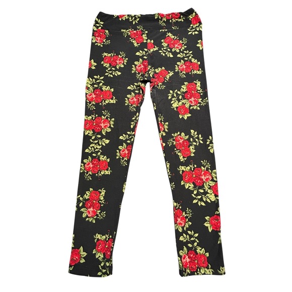Lularoe Tall and Curvy Stretch Pants Womens Size M Black with Red Roses Yoga - Picture 2 of 6